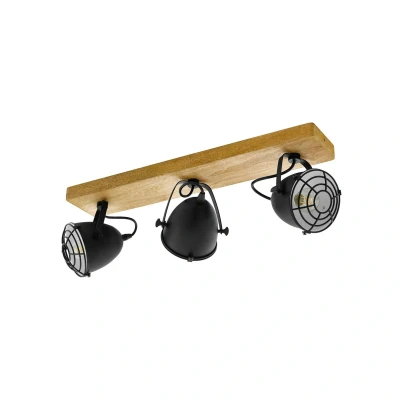 Image of Eglo Ceiling Light Fitting Gatebeck, Industrial lamp Living Room, Vintage Spotlight bar with 3 orientable spot Lights, Black Steel and Natural Wood, E14 Socket, FSC Certified