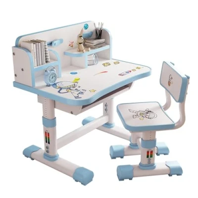 Image of Juebueix Kids Functional Desk and Chair Set, Height Adjustable Children School Study Table Set with Cartoon Pattern, Ergonomic Large Writing Board, Bookshelf Book Bucket Bl