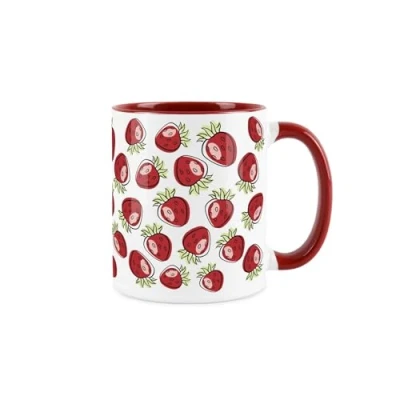 Image of Strawberry Mug Novelty Fruit Print Summer Gift Tea/Coffee Ceramic Red &amp; White Cup Present