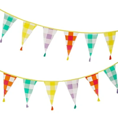 Image of Talking Tables Gingham Fabric Bunting with Tassels 3m Triangle Flag Pennant Garland, 100% Organic Cotton, Colourful Party Decorations, Kids Bedroom Décor, Easter, Summer Picnic