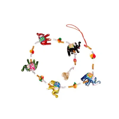 Image of Rastogi Handicrafts Indian Door Hanging Ethnic Kalamkari Hand Painted Elephants Stringed Together With Beads and Bell Christmas Decoratio