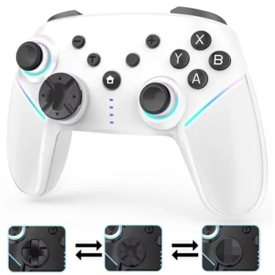Image of Wireless Switch Controller,Switch Pro Controllers for Nintendo Switch/Lite/OLED/PC,Bluetooth PC Gaming Controller with 9 Color RGB LEDs, 950mAh Battery, Programmable Buttons,Gyro Axis,Turbo, White