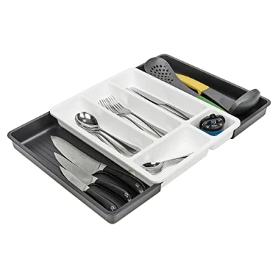 Image of URBNLIVING Plastic Expandable Drawer Kitchen Extendable Organiser Cutlery Space Saving Compact Utensil Tray With 7 Holder Compartments (Black)