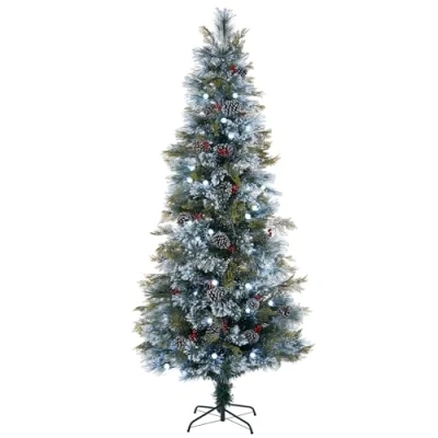 Image of WeRChristmas Pre Lit Snow Flocked Pinecone &amp; Berries Fibre Optic Christmas Tree, White LED Lights, 6 ft / 180 cm