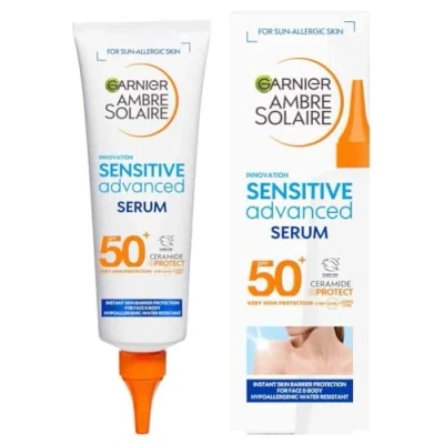 Image of Garnier Ambre Solaire SPF 50+ Sun Protection Serum Face &amp; Body, Non Sticky, Greasy Fluid Texture, No White Cast, Sensitive Advanced, 125 ml