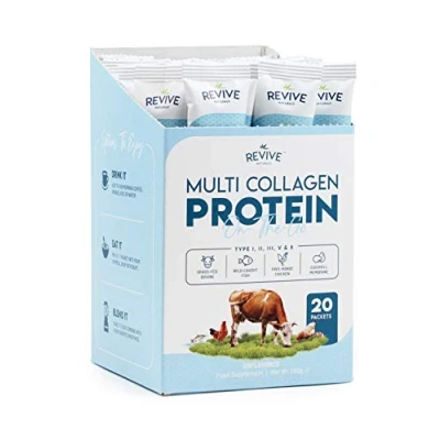 Image of Multi Collagen Protein Powder Packets Types I, II, III, V &amp; X Hydrolyzed Grass Fed Bovine, Wild Caught Fish, Free Range Chicken Eggshell Collagen. Non GMO, Halal, (10g Each, 20 Packets)