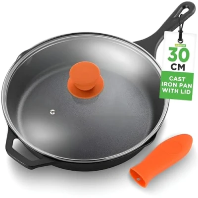 Image of NutriChef Cast Iron Skillet Pan w/ Lid, Pre Seasoned Pan, Frying Pans Nonstick, Oven Safe Cookware Silicone Handle, Drip Spout, Indoor/Outdoor Use, For Induction &amp; All Cooktops