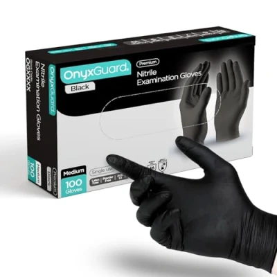 Image of OnyxGuard Black Medical Grade Nitrile Examination Gloves Multipurpose, Powder Free and Latex Disposable Box of 100 Gloves, (Medium)