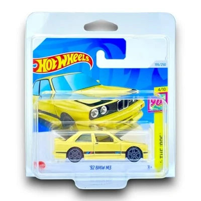 Image of Hot Wheels &#039;92 BMW M3 (Yellow &amp; Black) 4/5 HW: The &#039;90s 2024 195/250 (Short Card) includes a KLAS Car Keeper Protector Case HTB06