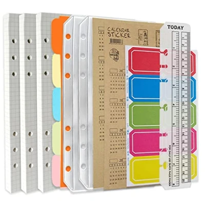 Image of DY.2ten A5 6 Hole Binder Notebook Refills Set 135 Sheets (270 Pages) Graph Paper + 2pcs Zipper Pockets 5 Pcs Dividers Index Note Tabs with Date Ruler