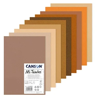 Image of CANSON Mi Teintes Coloured Drawing 160gsm A4 Paper Pack, Double Sided: Honeycomb &amp; Fine Grain, 10 Brown Colour Sheets, Ideal for Professional Artists Illustrators