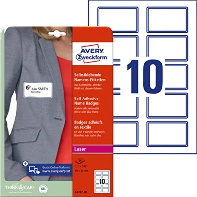 Image of Avery Zweckform L4787 20 Self Adhesive Name Badges Sheets / 200 Labels 80 x 50 mm White/Blue