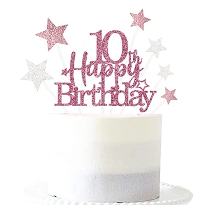 Image of Glittery 10th Happy Birthday Cake Topper with Star,10 Toppers Party Decorations Supplies for Boys Girls Rose Gold