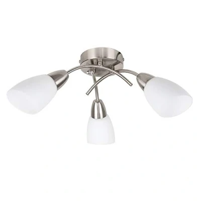 Image of MiniSun Modern 3 Way Brushed Chrome Curved Arm Cross Over Design Flush Ceiling Light Fitting with Frosted Glass Shades Complete 4w LED Golfball Bulbs [3000K Warm White]