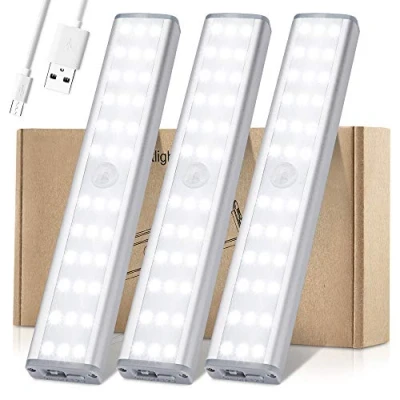 Image of Meromore Wireless Under Cupboard Lights, 30 LED Motion Sensor Night Light,USB Rechargeable Cabinet Kitchen Lights with Magnetic Strip 600mAh Battery for Wardrobe, Closet, Stairs (3 Pack)