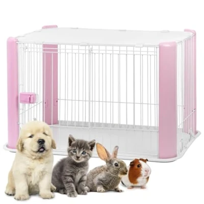 Image of Iris Ohyama Dog Pen with Lockable Door, H60cm, Pink, Detachable Roof, Plastic, Puppy Enclosure, for Rabbit Run, Indoors, Outdoors, Playpen Dogs, Cats, Rodents, Pets, Fence, Kennel, CLS 960