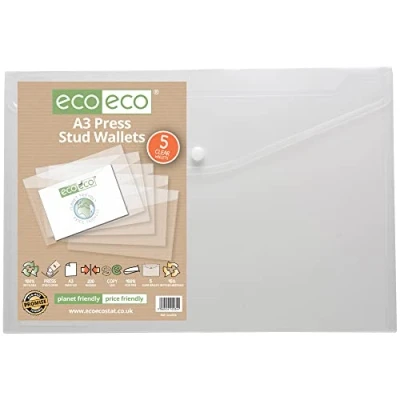 Image of eco A3 50% Recycled Clear Transparent Press Stud Popper Wallet, Plastic Folders (Pack of 5)