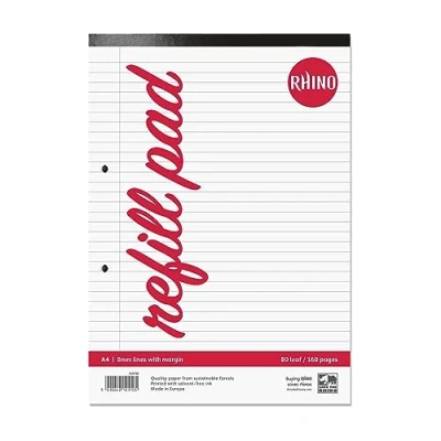 Image of RHINO A4 Refill Pad, Writing 160 Page / 8mm Lined with Margin, 1 Pack, White Hole Punched Paper, Office &amp; School Stationery Supplies