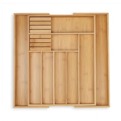Image of Relaxdays Cutlery Tray, Extendable, 7 9 Compartments, 2 Knife Blocks, 5.5x45x44.5 cm, Drawer Insert, Bamboo, Natural