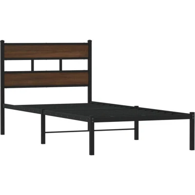 Image of vidaXL Bed Frame with Headboard Metal/Engineered Wood, 80x200 cm, Brown Oak Single Extra Storage Space, Robust Metal Slats, Excellent Back Support