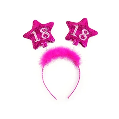 Image of PartyDeco 18th Birthday Hairband for Girls Pink Glitter Headband with Feathers, Stars, and Number 18 Fun Party Accessory Celebrating Birthdays