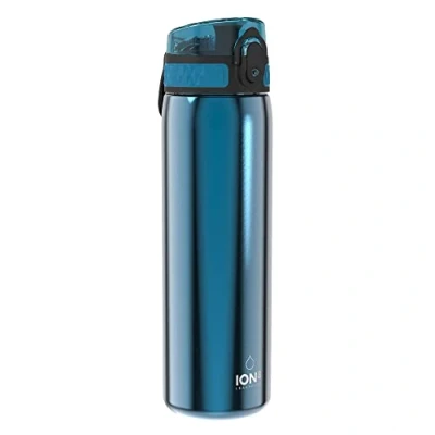 Image of Ion8 Steel Water Bottle, 600ml, Leak Proof, One Finger Open, Dishwasher Safe, Hygienic Flip Cover, Fits Cup Holders, Spill free On The Go, Carry Handle, Durable, Blue