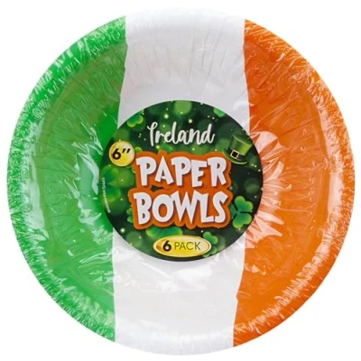 Image of Quickdraw 6 x Ireland Flag Paper Bowls 15cm St. Patrick’s Day Party Tableware Irish Themed Bowl for Snacks &amp; Treats Durable Recyclable