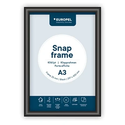 Image of EUROPEL Snap Frame Black A3, 25 mm Aluminium Anodised Construction &amp; Anti Glare Cover Clip Poster Holders for Retail Advertising Displays Notice Sign Board Walls