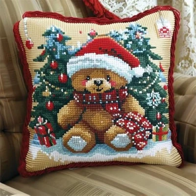 Image of Lfynior Cross Stitch Cushion Cover Christmas Tapestry Kit 45X45cm Needlepoint Craft Set pre Printed Handmade Stitched Decorative for Adults Beginners