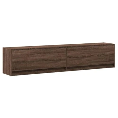 Image of vidaXL TV Wall Cabinet with LED Lights Brown Oak, Engineered Wood, Space saving Floating Unit, 2 Drawers, 100x31x38 cm