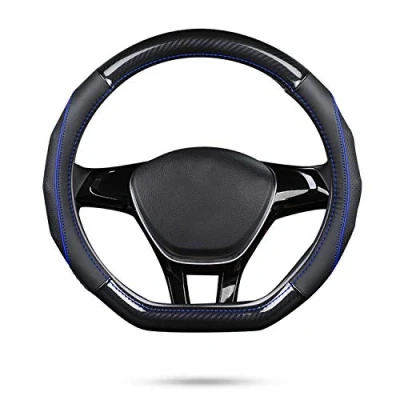 Image of Ergocar Car Steering Wheel Cover Non slip Protector Sport D shape Carbon Fiber &amp; First Layer Cowhide Universal For Diameter 38cm(15&quot;) (D Black blue)