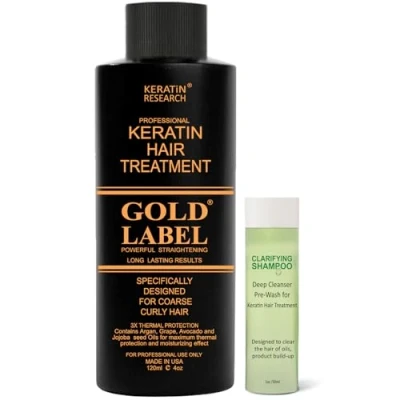 Image of Keratin Hair Treatment Gold Label 120ml FORMALDEHYDE FREE Professional Results Brazilians Blowout Straightening with Clarifying Shampoo Enhanced Designed for Coarse Curly