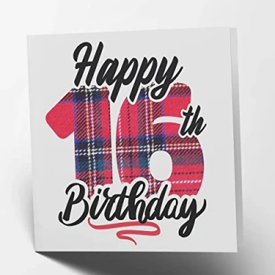 Image of Maturi Happy 16th Birthday Tartan Greetings Card Blank Inside, 15.5 x cm Square