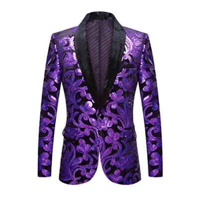 Image of PYJTRL Men Fashion Velvet Sequins Floral Pattern Suit Jacket Blazer (Purple, M)