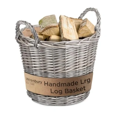Image of Wrenbury Wicker Log Basket Large 38cm Lined Baskets for Wood Burner Indoor Round Willow Logs Grey Fire Fireplace