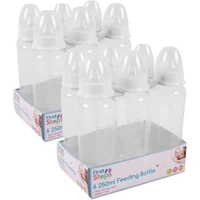 Image of Pack of 6 Clear Baby Feeding Bottles 250ml with Silicone Teat 9oz Measuring Gage