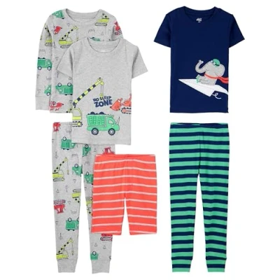 Image of Simple Joys by Carter&#039;s Boys&#039; 6 Piece Snug Fit Cotton Pajama Set, Green Stripes/Grey Trucks/Navy Elephant/Orange Stripes, 24 Months (Pack of 3)