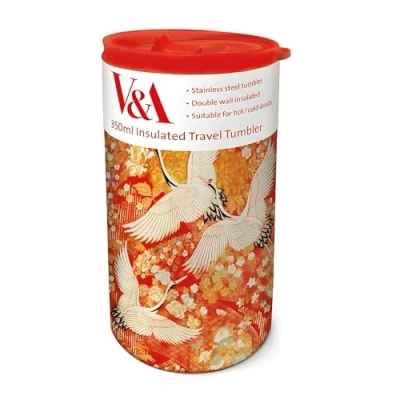 Image of Insulated Travel Tumbler Kimono Cranes Oriental Design V&amp;A Museum 350ml Stainless Steel Cup Re Usable Mug