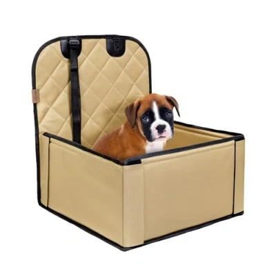 Image of Extra Stable Dog Car Seat Robust or Puppy for Small to Medium Sized Dogs Reinforced Walls and 3 Belts Waterproof Pet Back Front (Beige)