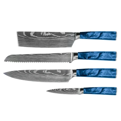 Image of Shinrai Knives Damascus Print Epoxy Sapphire 4 Piece Knife Set Chef's + Bread Nakiri Paring