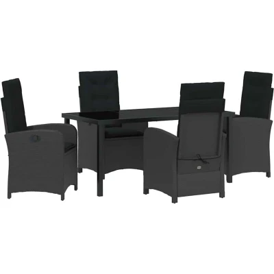 Image of vidaXL 5 Piece Garden Dining Set with Cushions Black Poly Rattan