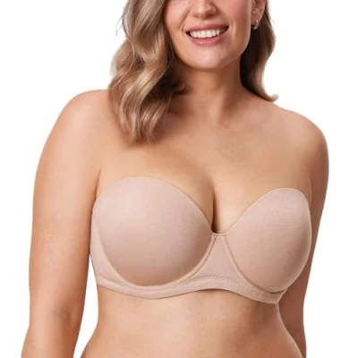 Image of DELIMIRA Women&#039;s Strapless Bra Push Up for Bigger Bust Multiway Underwire Smooth Bandeau Oatmeal Heather 46D