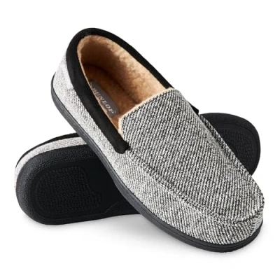 Image of DUNLOP Moccasins Slippers Men Loafers Faux Fur Rubber Sole Memory Foam House Indoor Shoes Gifts For (Black/White, 11 UK)