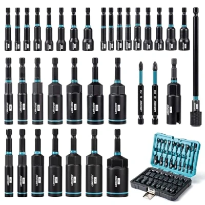 Image of LIBRATON Magnetic Nut Driver Set, 35PCs Impact Bit Deep Metric &amp; SAE for Drill, Wing Driver, Quick release Holder, Drill PH1 PH2, with Toolbox