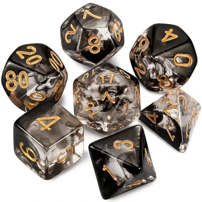 Image of Dzxin DND Game Dice Set, 7PCS Polyhedral Set for Dungeons and Dragons RPG MTG Role Playing Table Games (Transparent + Black Cloud)