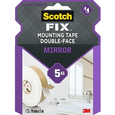 Image of Scotch Fix Mirror Double Sided Mounting Tape, 19mm x 5m For Indoor Use, Humid Areas, Mirrors in Bathrooms and Kitchens, Works on Ceramic, Tiles, Finished Wood, Metal, Glass Painted Walls