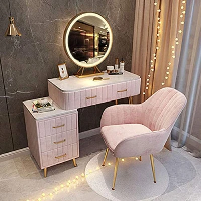Image of Dressing Table with LED Lights Mirror Pink Vanity Makeup Set Adjustable Brightness Mirror, Cushioned Stool for Girls Women Bedroom