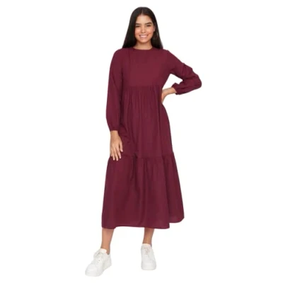 Image of Trendyol Women&#039;s Woman Design Oversize Smock Crew Neck Woven Dress, Damson Color, 36 UK