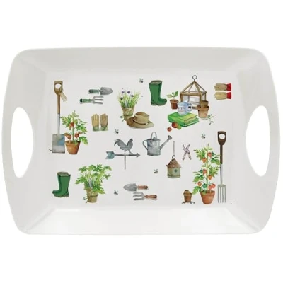 Image of Large Serving Tray Garden Theme Melamine Design Gardening Lover Gift Snack