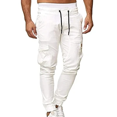 Image of LONGPING Cargo Pants Men Casual Work Trousers With Side Pockets Joggers Elastic Waist sweatpants(White,S)